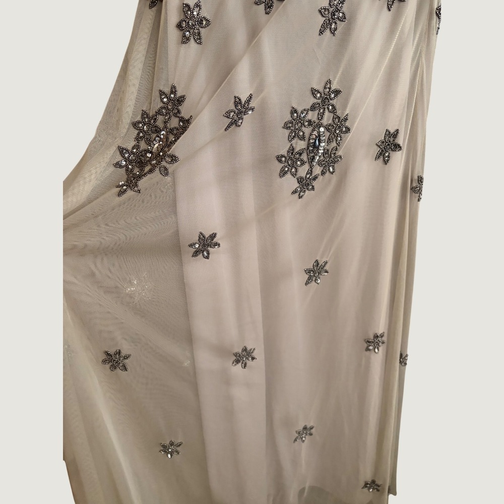Adrianna Papell Beaded Mesh Gown NWT Silver Taupe Cap Sleeve Maxi Dress 4 - Picture 5 of 9